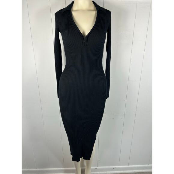 Abercrombie & Fitch Hook And Eye Ribbed Polo Midi Dress in Black. Size XST - Picture 3 of 8